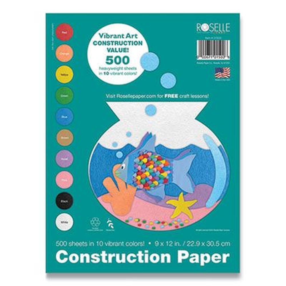 Roselle Assorted Colors Vibrant Art Heavyweight Construction Paper, 76 Pound Text Weight -- 500 Per Pack