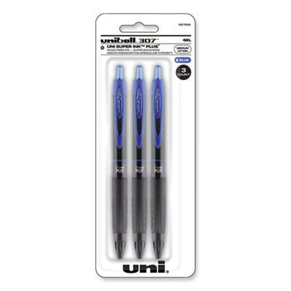Uniball 307 Medium 0.7 Mm Retractable Blue Barrel Gel Pen -- 3 Per Pack