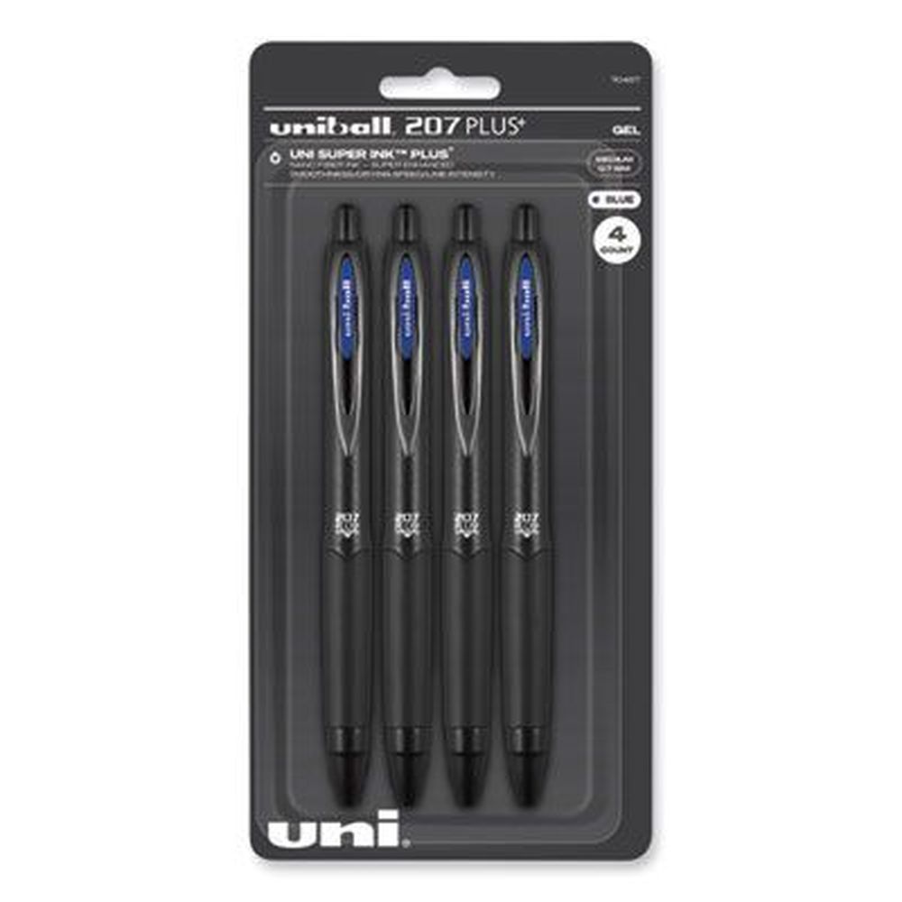 Uniball 207 Plus+ Medium 0.7 Mm Retractable Blue Ink Black Barrel Gel Pen -- 4 Per Pack