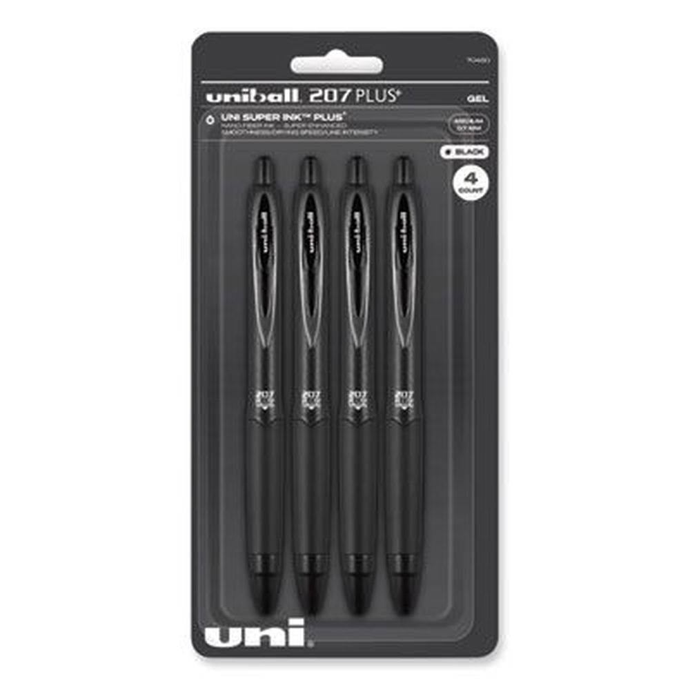 Uniball 207 Plus+ Medium 0.7 Mm Retractable Black Ink Black Barrel Gel Pen -- 4 Per Pack