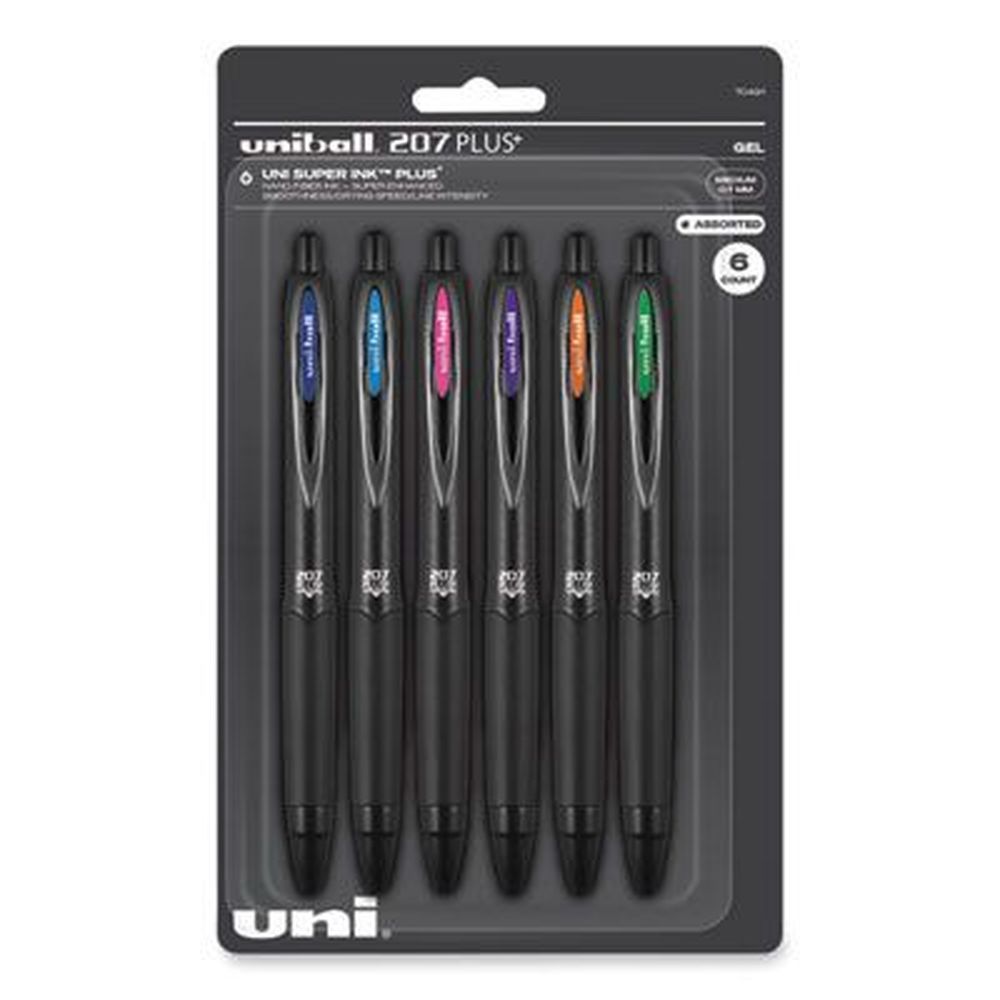 Uniball 207 Plus+ Medium 0.7 Mm Retractable Black Barrel Gel Pen -- 6 Per Pack