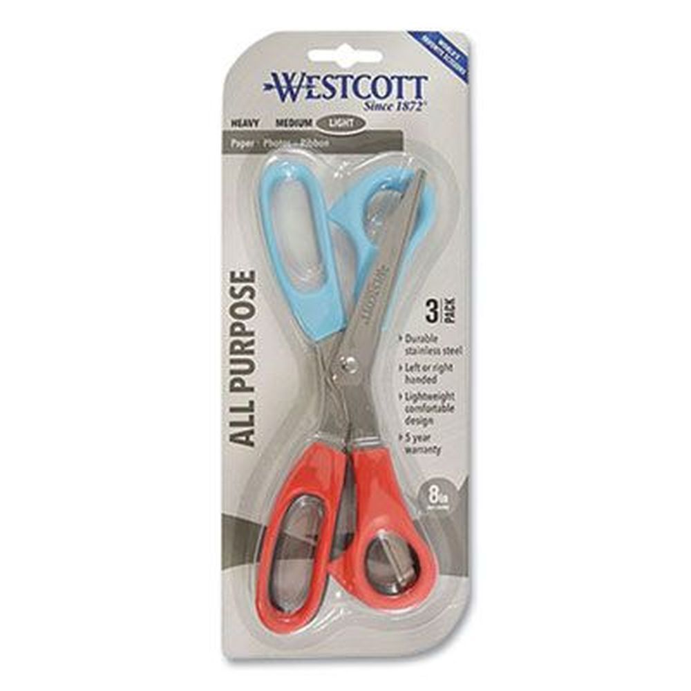 Westcott All Purpose Value Stainless Steel Scissor With Assorted Color Offset Handles, 8 Inch Long -- 3 Per Pack