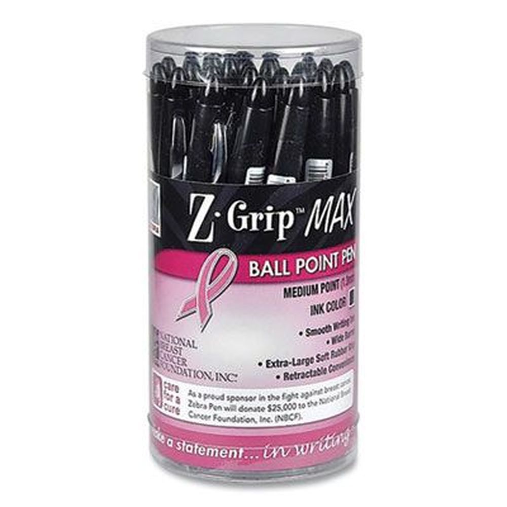 Zebra Z-grip Max Bold 1.2 Mm Black Ink Translucent Black Barrel Retractable Breast Cancer Awareness Ballpoint Pen -- 24 Per Pack