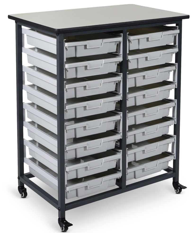 Luxor Mobile Bin Storage Unit With Double Row And Small Gray Bins, 30.75 X 20 X 37.5 Inch