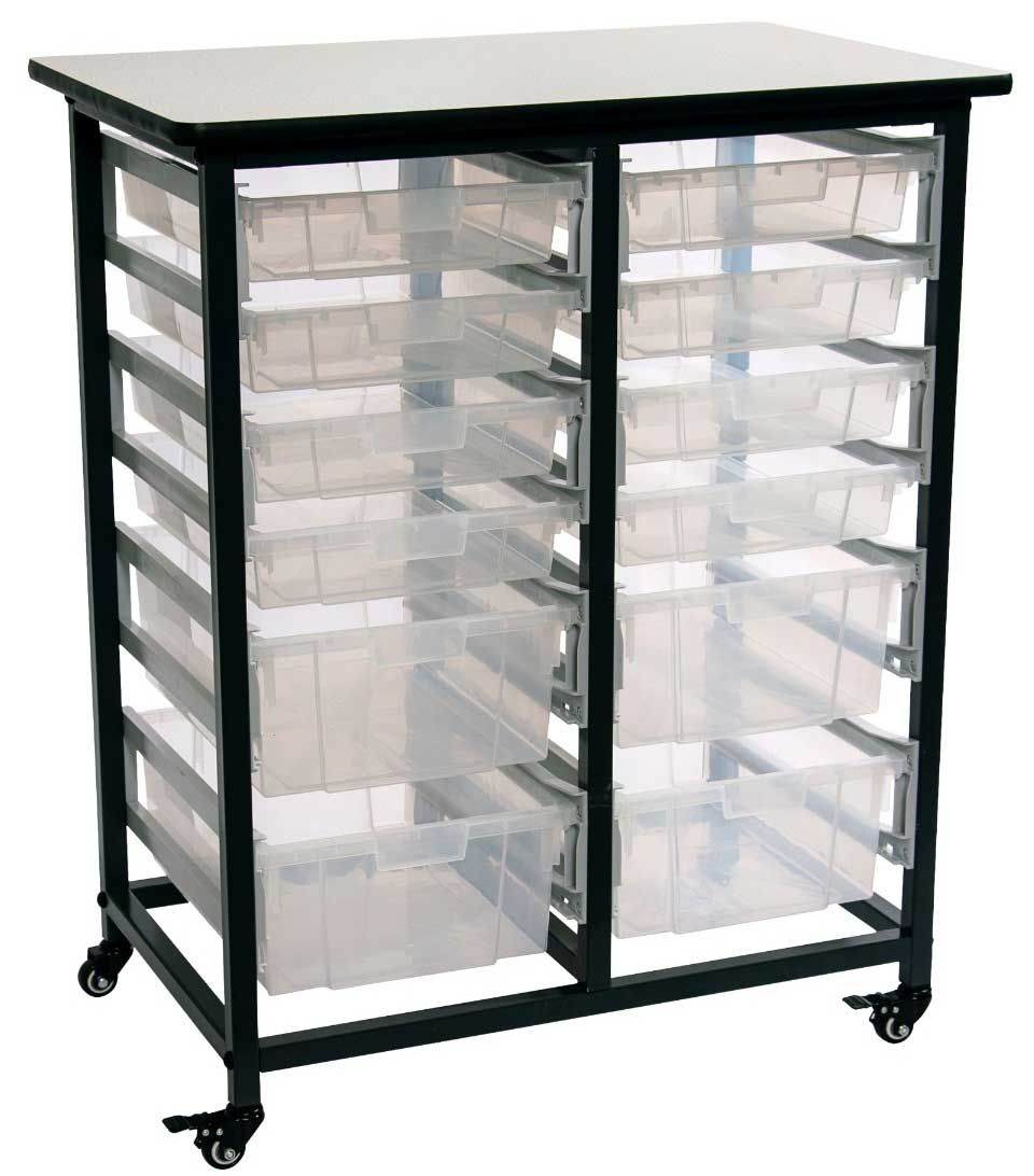 Luxor Mobile Bin Storage Unit With Double Row, Large And Small Clear Bins, 30.75 X 20 X 37.5 Inch