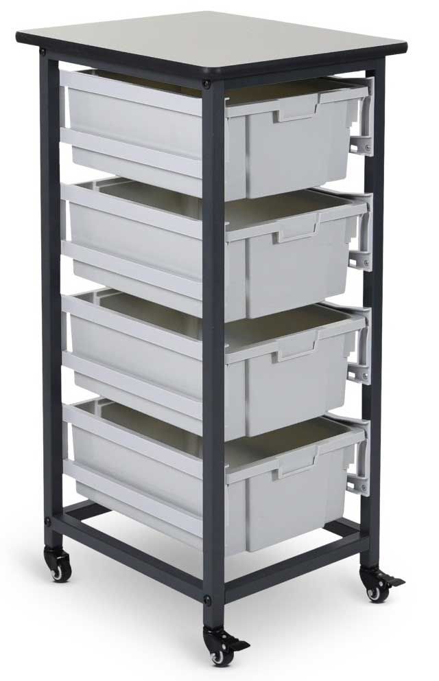 Luxor Mobile Bin Storage Unit With Single Row And Large Gray Bins, 17.125 X 20 X 37.5 Inch