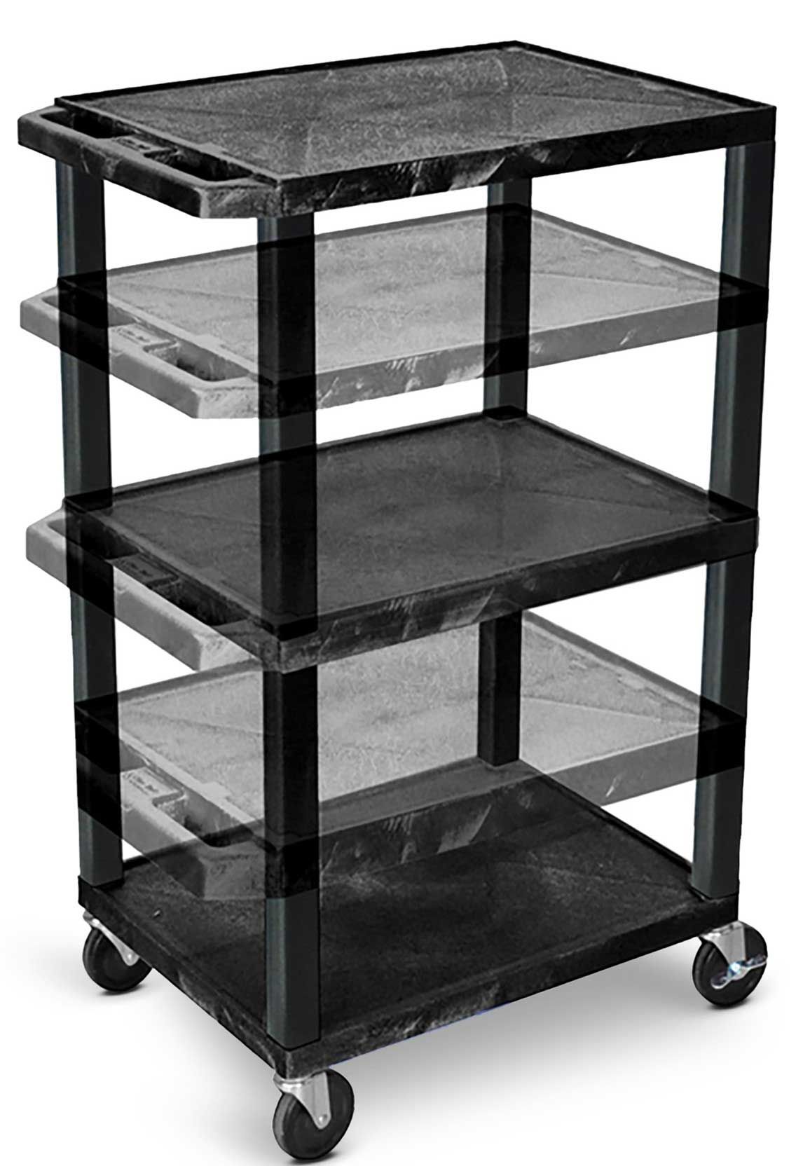 Luxor Black Multi-height Three-shelf Av Cart With Electric Assembly And Black Legs, 24 X 18 X 16 To 42 Inch Height