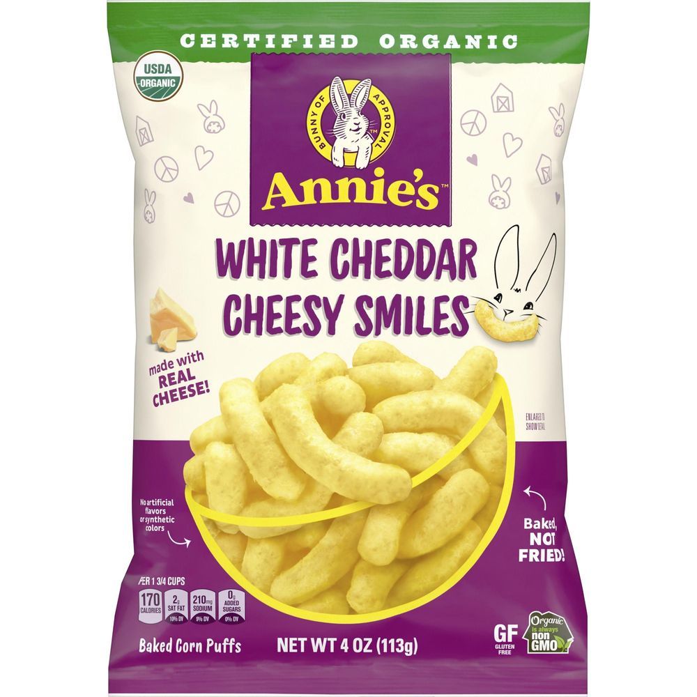 Annies Organic White Cheddar Cheesy Smiles Corn Puffs, 4 Ounce -- 12 Per Case