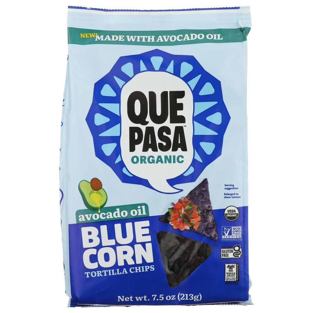 Que Pasa Organic Avocado Oil Blue Corn Tortilla Chips, 7.5 Ounce -- 6 Per Case