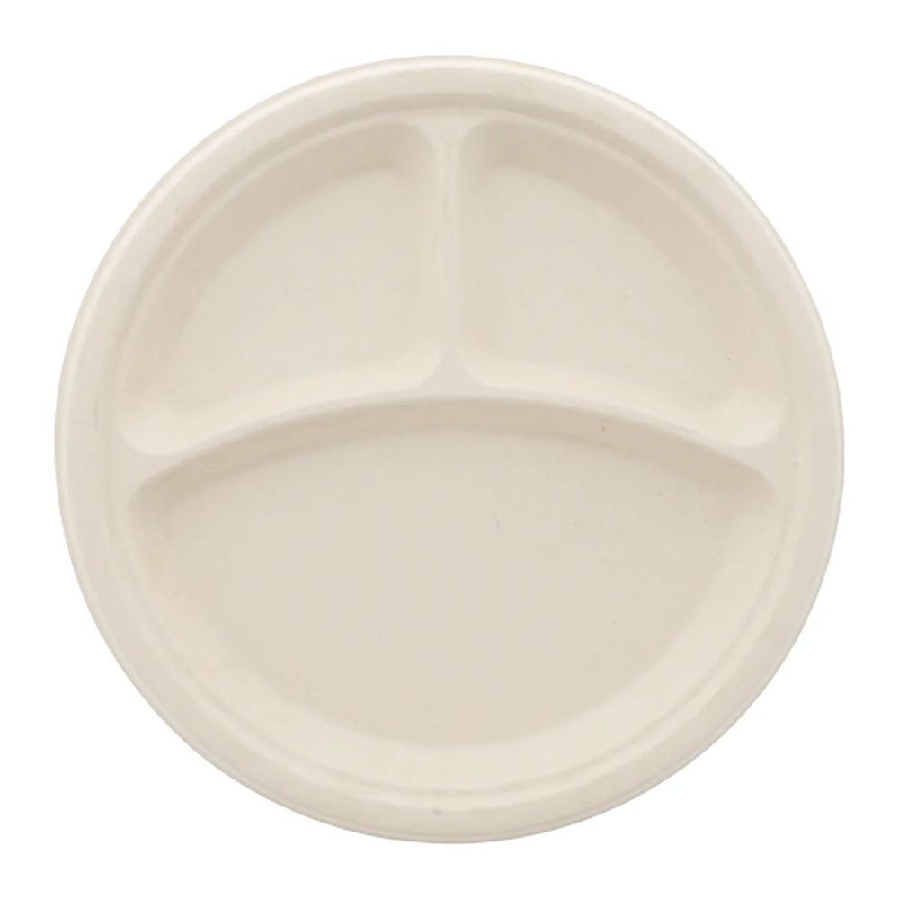 Primeware Heavy Weight Natural Npfa Molded Fiber 3 Compartment Round Plate, 10 Inch -- 500 Per Case