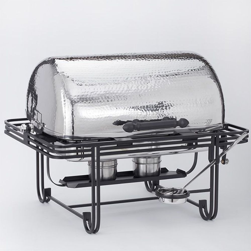 American Metalcraft Mesa Hammered Stainless Steel Rectangular 8 Quart Roll Top Chafer With Wrought Iron Stand, 27-1/8 X 21-1/4 X 19-1/2 Inch