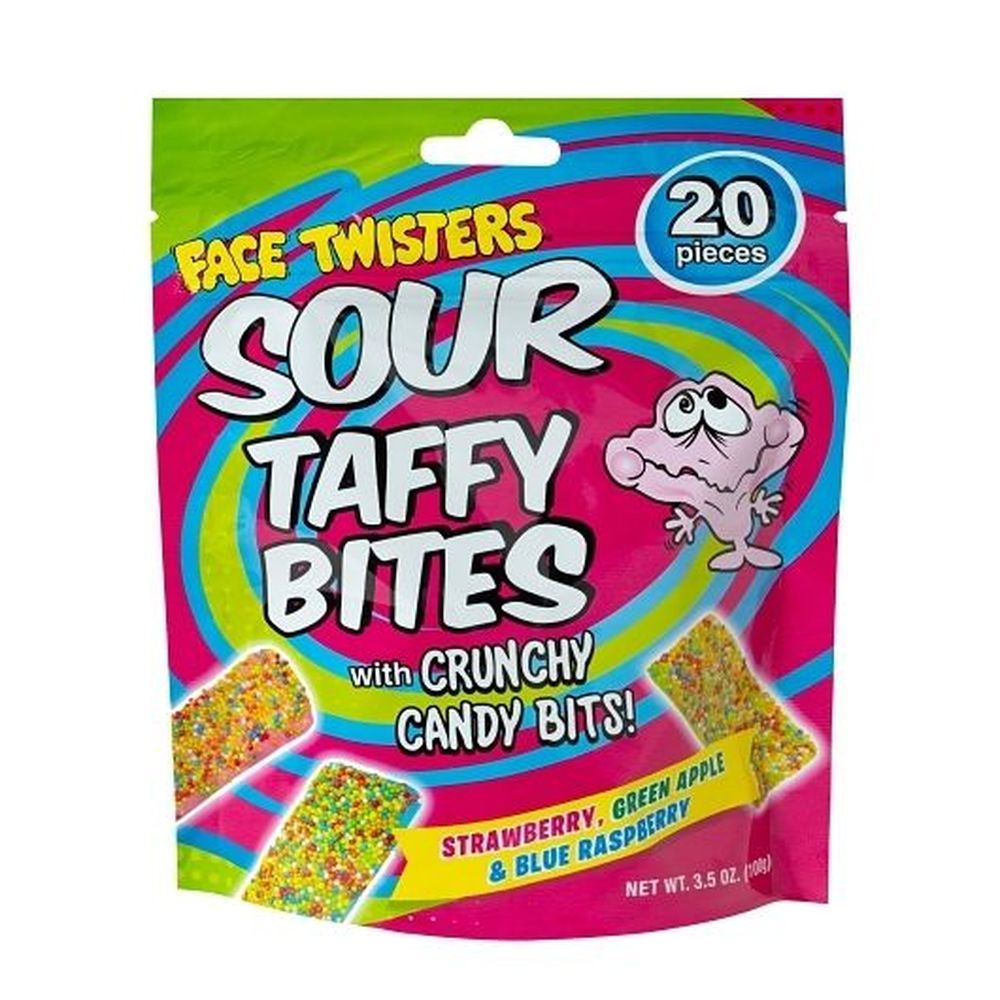 Face Twisters Sour Blue Raspberry Strawberry Green Apple Taffy Bites, 3.5 Ounce -- 12 Per Case