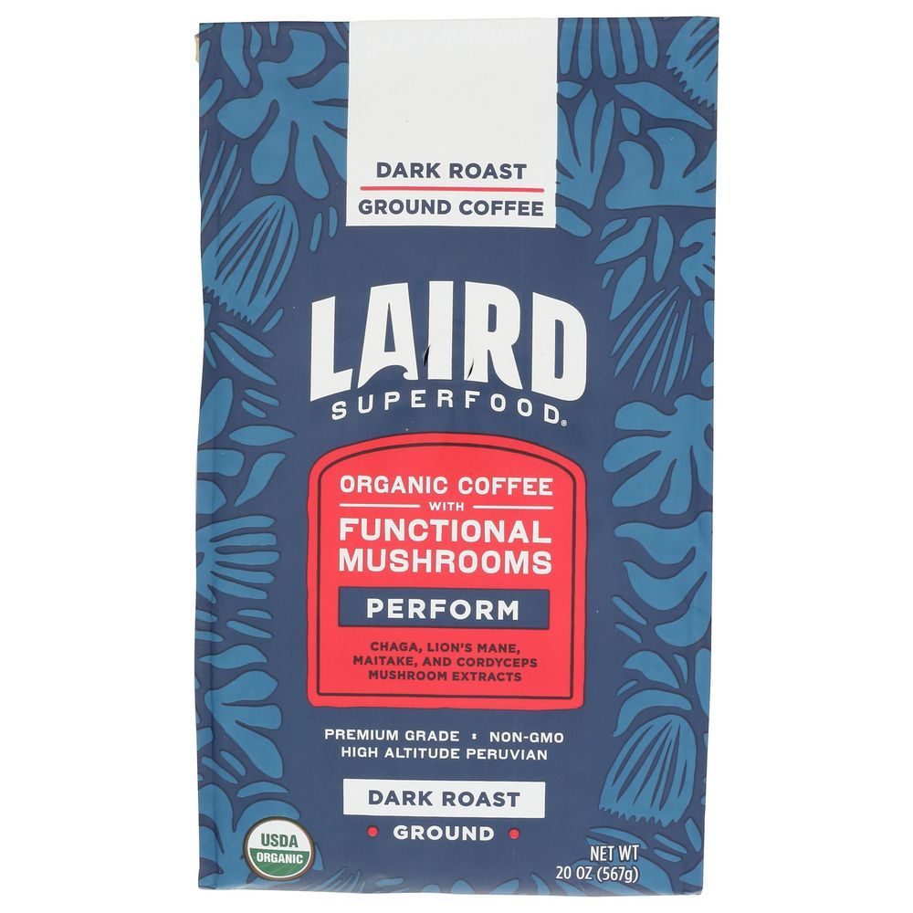 Laird Superfood Organic Perform Functional Mushroom Dark Roast Ground Coffee, 20 Ounce -- 6 Per Case