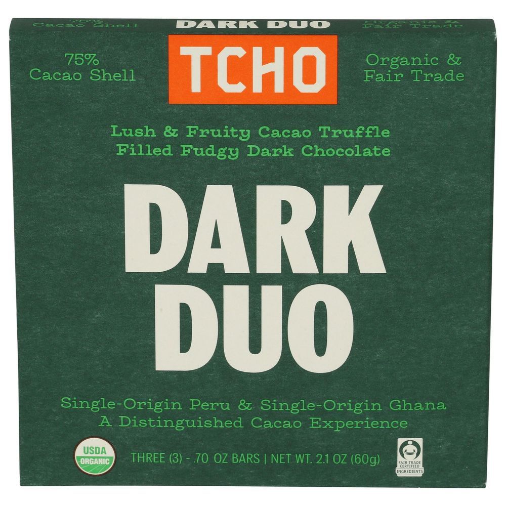 Tcho Organic Dark Duo 75 Percentage Cacao Dark Chocolate Bar, 2.1 Ounce -- 10 Per Case