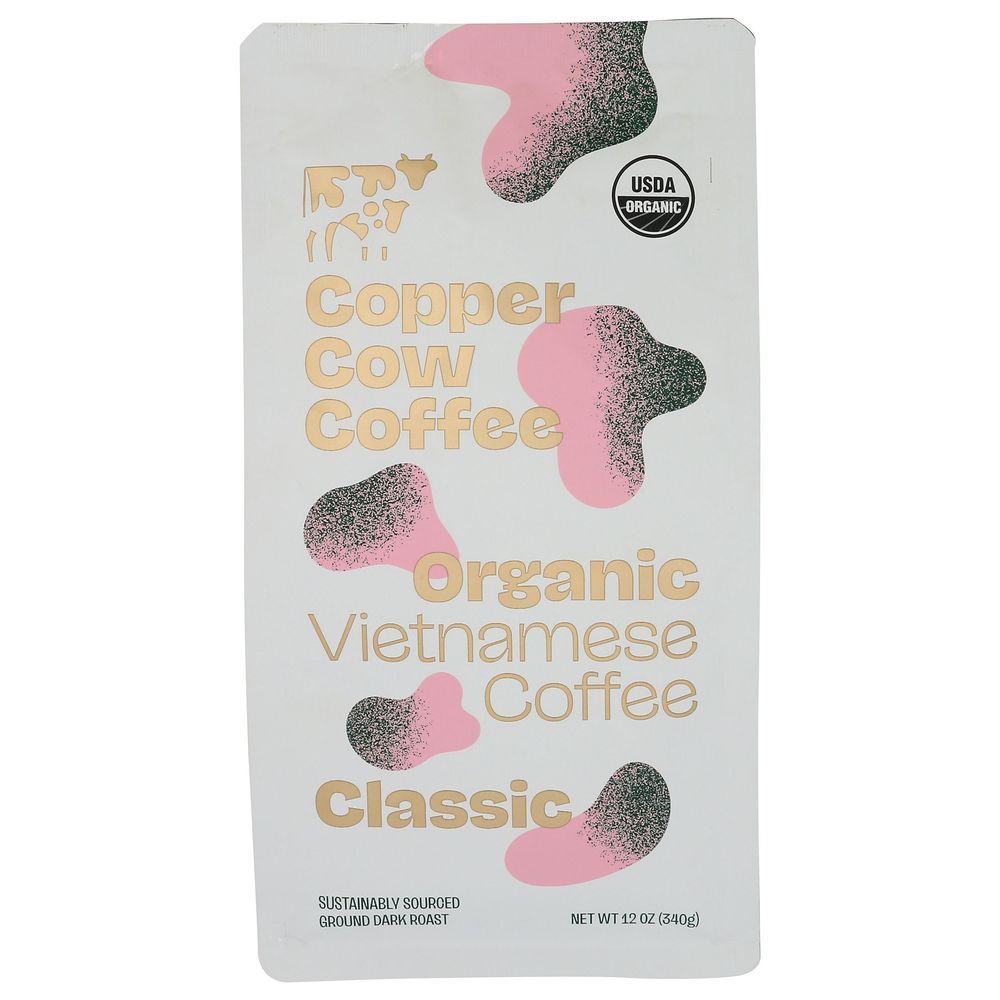Copper Cow Coffee Organic Classic Vietnamese Dark Roast Ground Coffee, 12 Ounce -- 6 Per Case