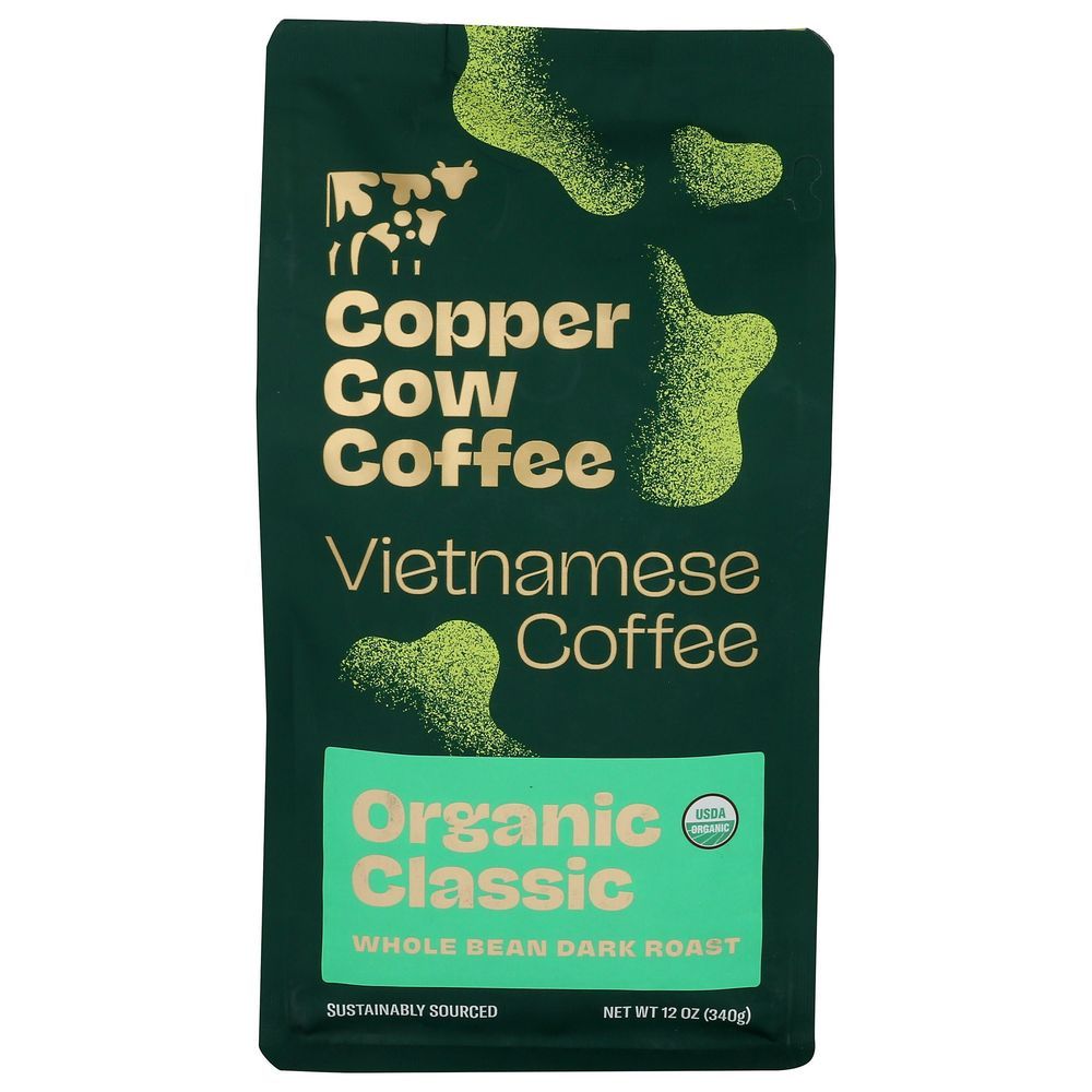 Copper Cow Coffee Organic Classic Vietnamese Dark Roast Whole Bean Coffee, 12 Ounce -- 6 Per Case