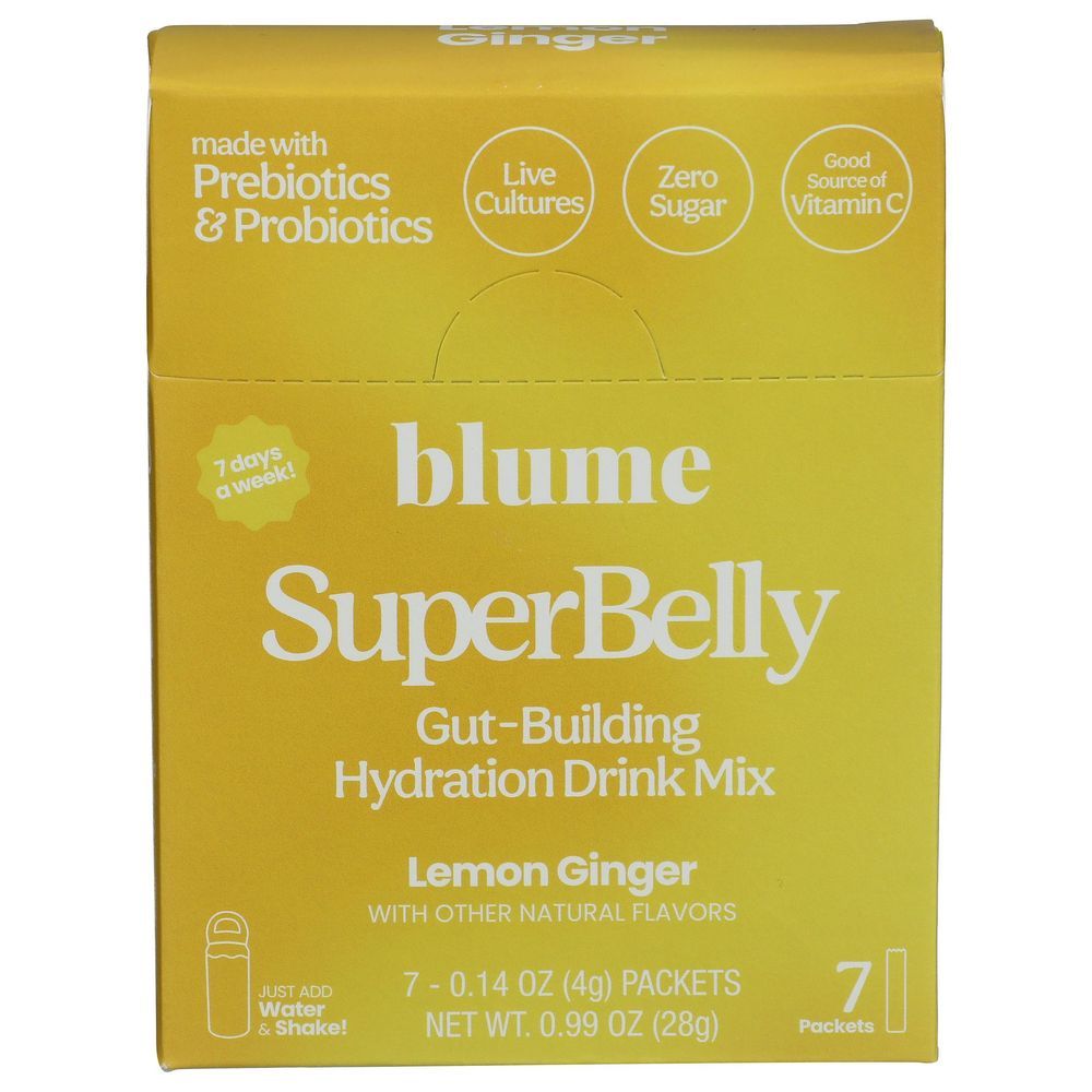 Blume Superbelly Gut Health Lemon Ginger Hydration Drink Mix, 0.14 Ounce -- 7 Per Case