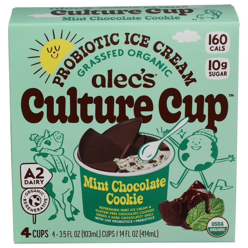 Alecs Culture Cup Organic Mint Chocolate Cookie Probiotic Ice Cream, 3.5 Fluid Ounce -- 24 Per Case
