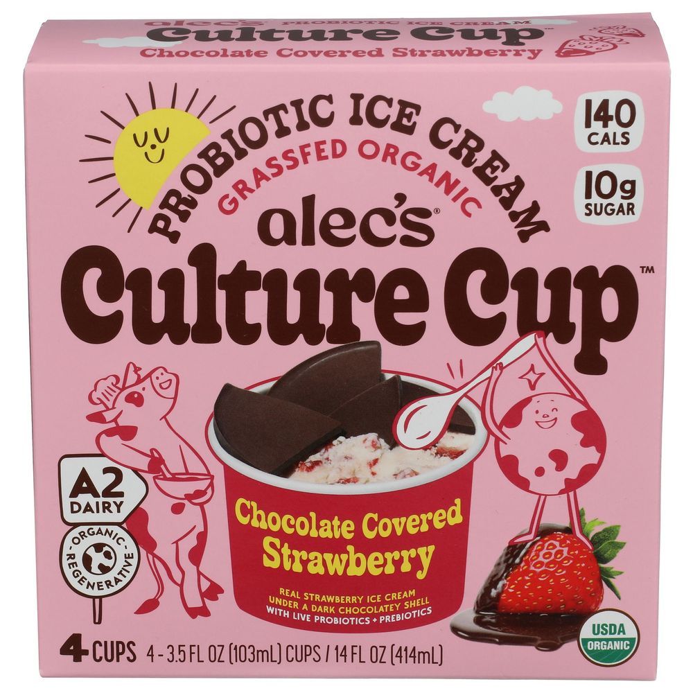 Alecs Culture Cup Organic Chocolate Covered Strawberry Probiotic Ice Cream, 3.5 Fluid Ounce -- 24 Per Case