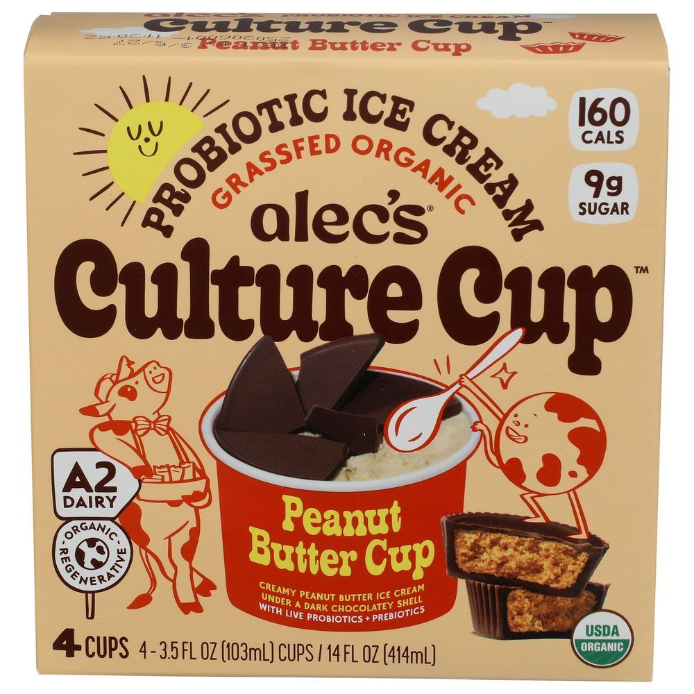 Alecs Culture Cup Organic Peanut Butter Cup Probiotic Ice Cream, 3.5 Fluid Ounce -- 24 Per Case