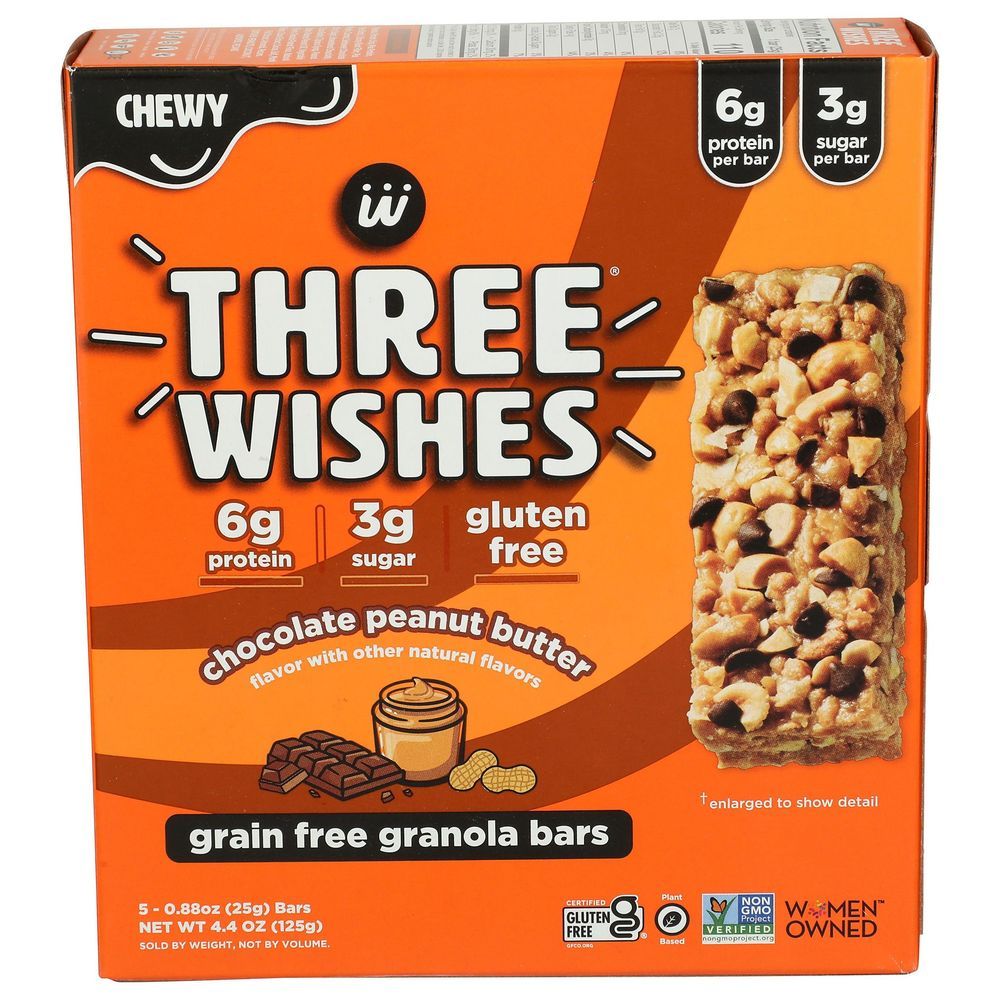 Three Wishes Chocolate Peanut Butter Grain Free Granola Bar, 4.4 Ounce -- 12 Per Case