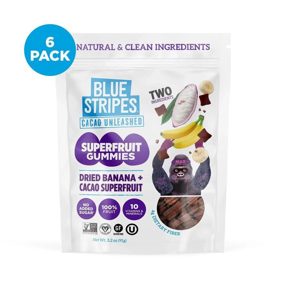 Blue Stripes Banana Cacao Nibs Dried Cacao Fruit Superfood Gummies, 3.2 Ounce -- 6 Per Case