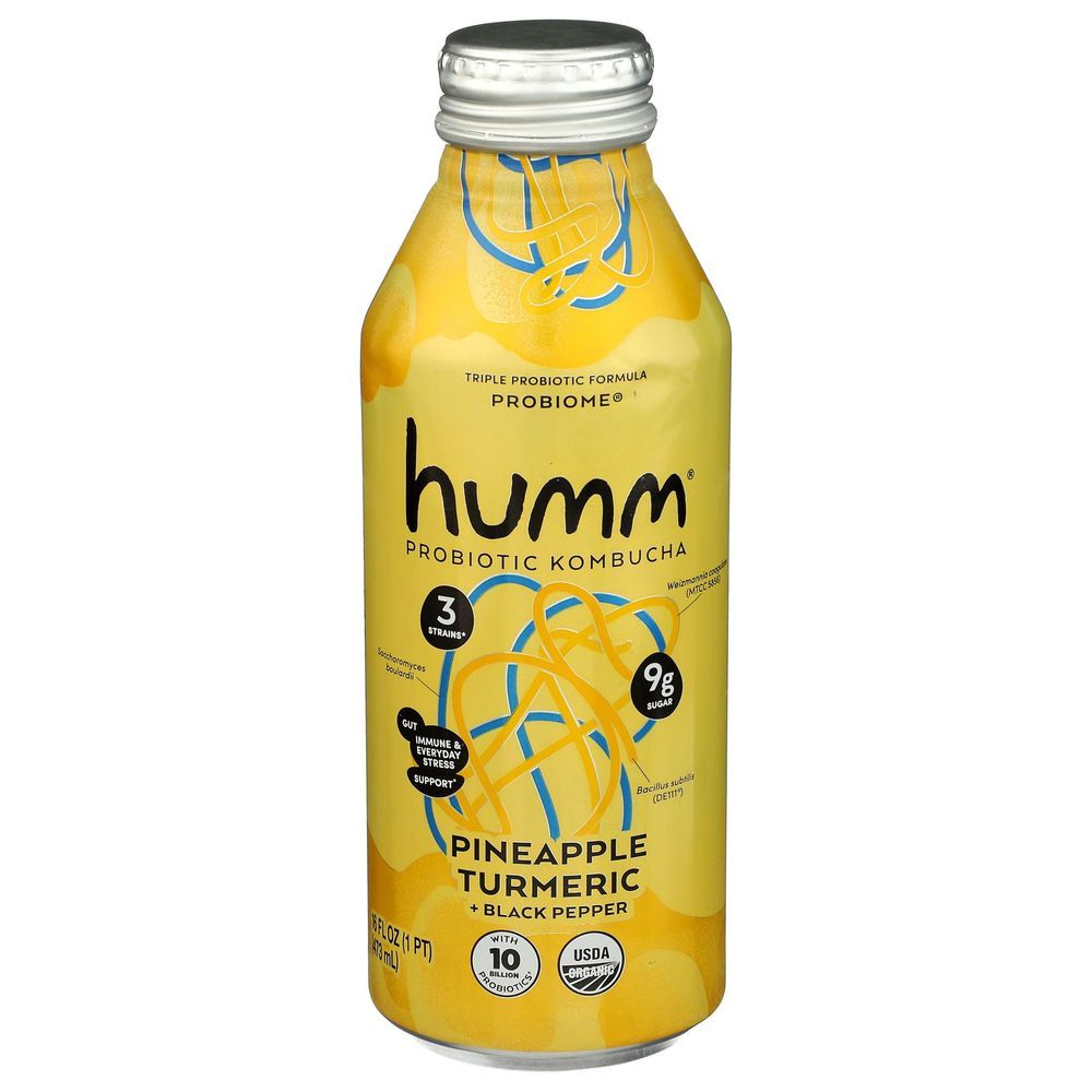 Humm Organic Pineapple Turmeric Plus Black Pepper Kombucha, 16 Fluid Ounce -- 6 Per Case