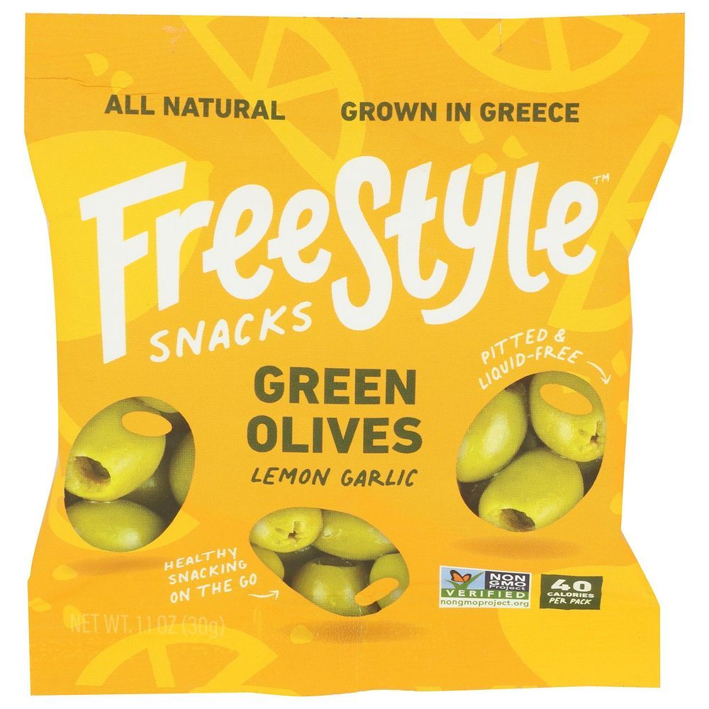 Freestyle Lemon Garlic Green Olives Snacks, 1.1 Ounce -- 12 Per Case