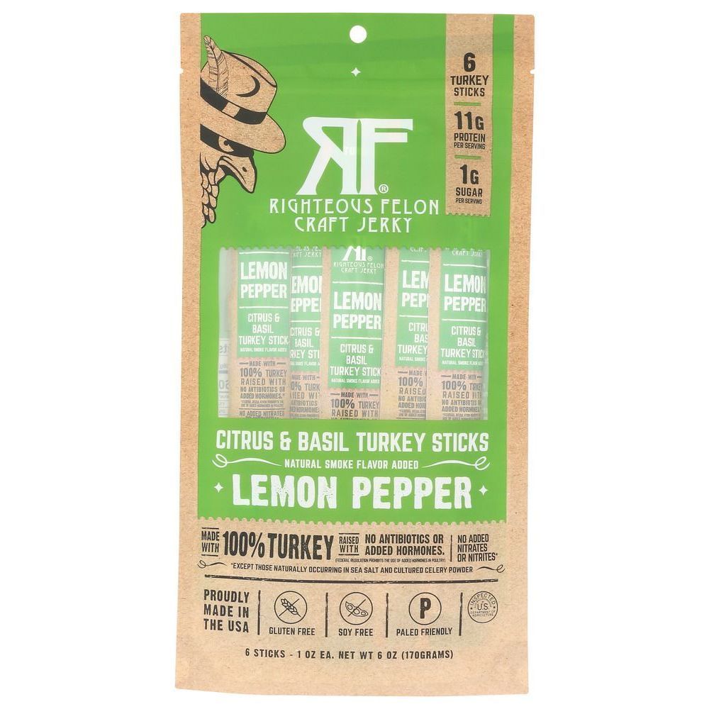 Righteous Felon Lemon Pepper Citrus Turkey Sticks, 6 Ounce -- 8 Per Case