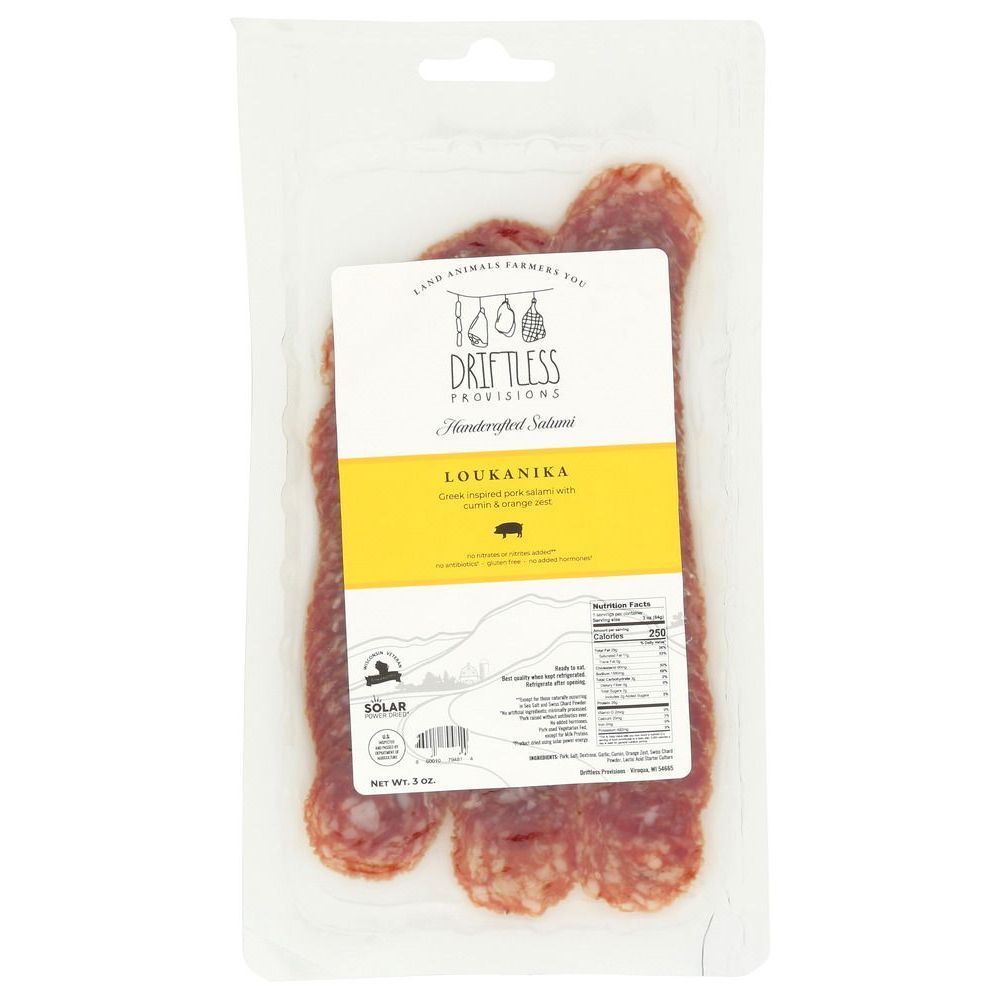 Driftless Provisions Loukanika Sliced Salami, 3 Ounce -- 12 Per Case