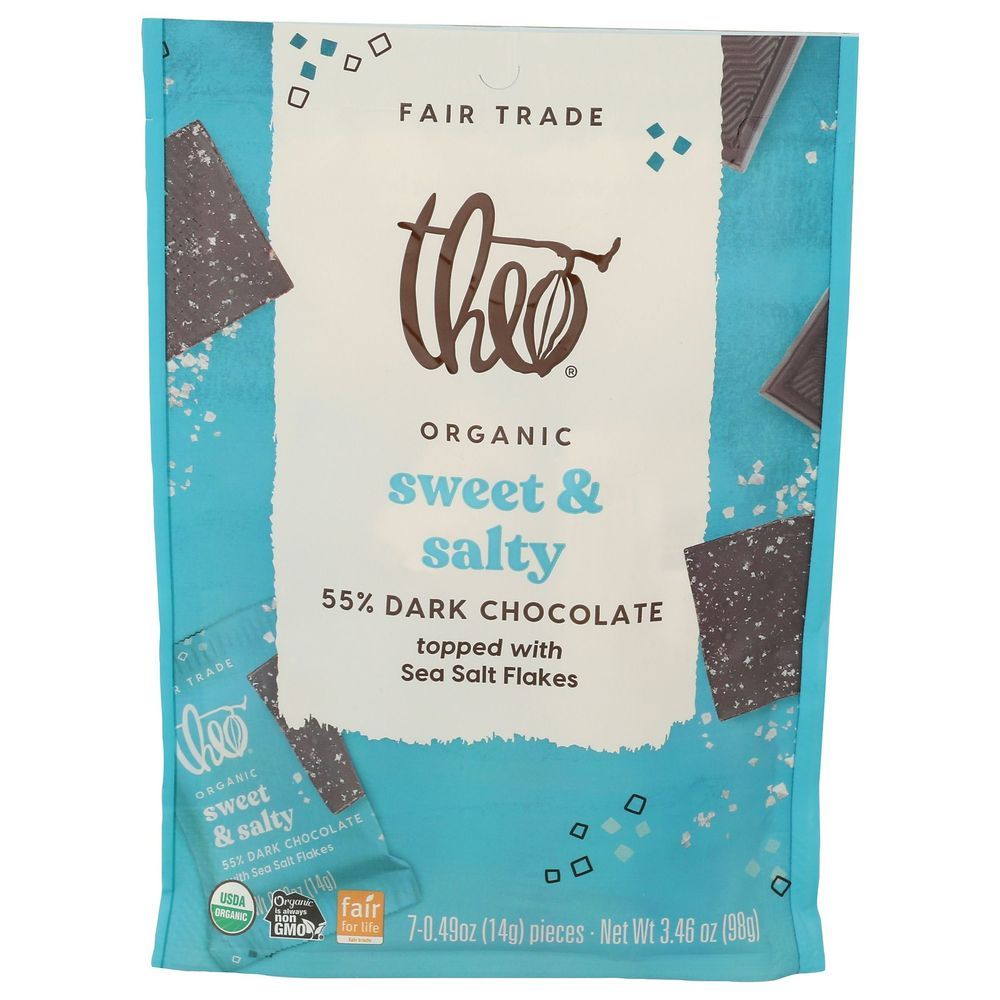 Theo Chocolate Organic Sweet And Salty 55 Percentage Dark Chocolate Topped With Sea Salt Flakes, 3.46 Ounce -- 6 Per Case