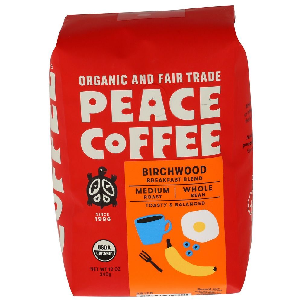 Peace Coffee Organic Birchwood Blend Medium Roast Whole Bean Coffee, 12 Ounce -- 6 Per Case