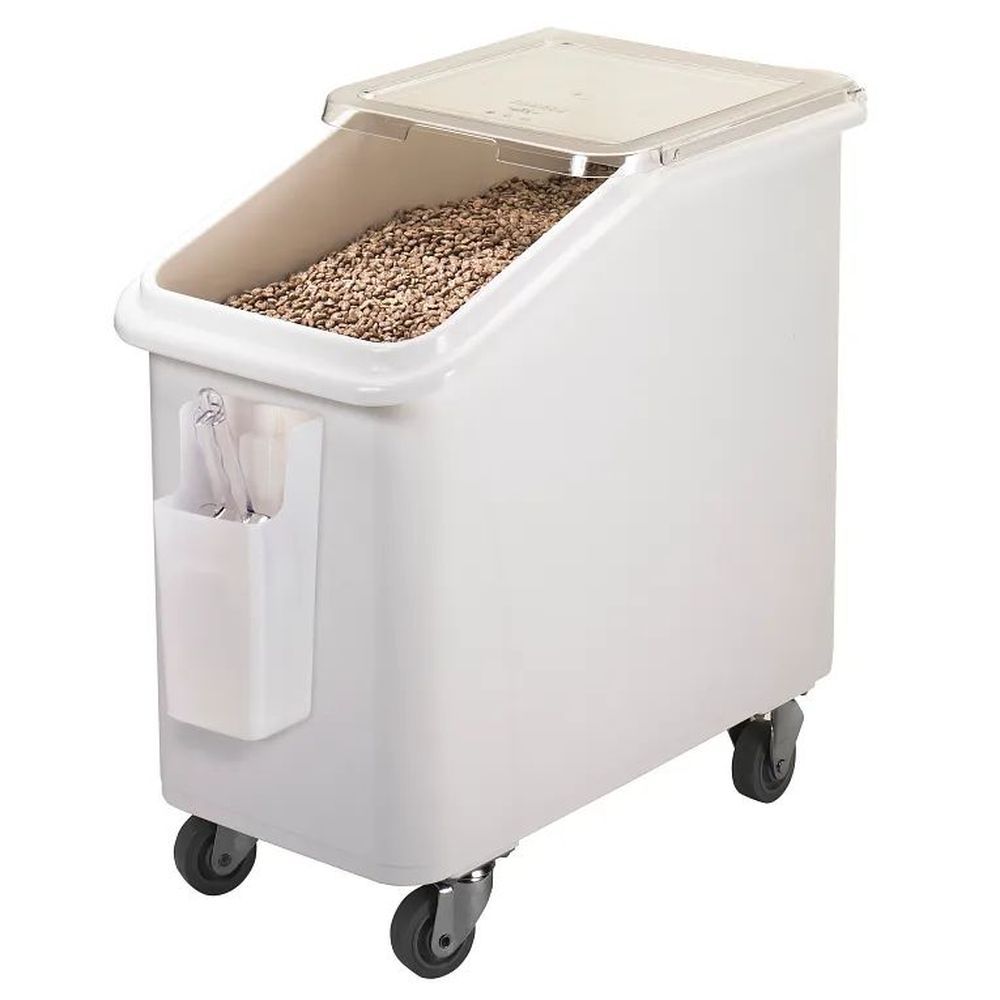 Cambro White 27 Liquid Gallon Mobile Ingredient Bin With Two Piece Sliding Lid, 16 5?16 X 29 5?8 X 28 Inch
