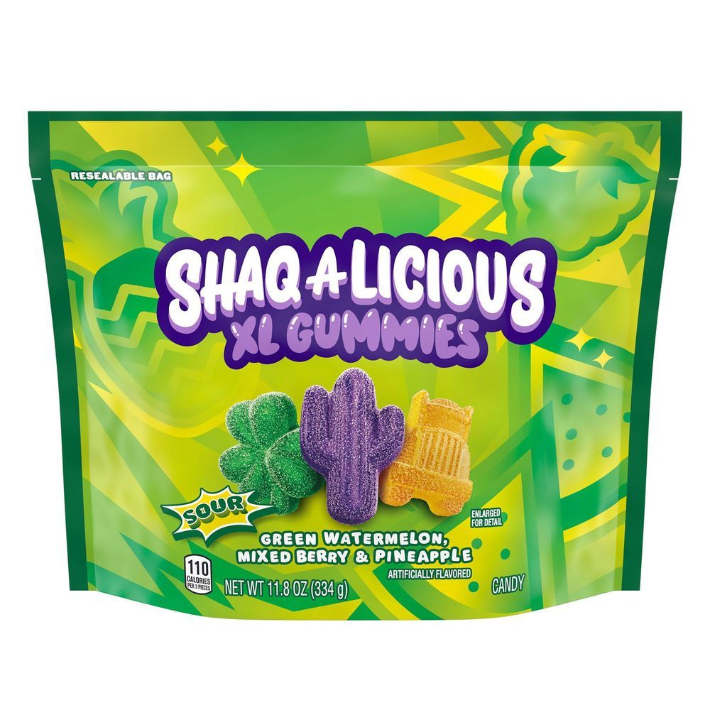 Shaq A Licious Sour Xl Gummies Pineapple Mixed Berry And Green Watermelon Fruit Flavors Candy, 11.8 Ounce -- 8 Per Case