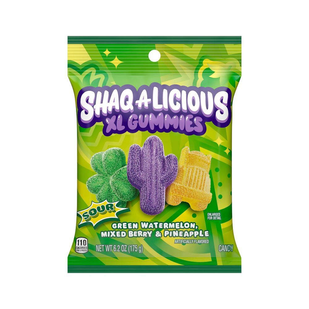 Shaq A Licious Sour Xl Gummies Pineapple Mixed Berry And Green Watermelon Fruit Flavors Candy, 6.2 Ounce -- 12 Per Case