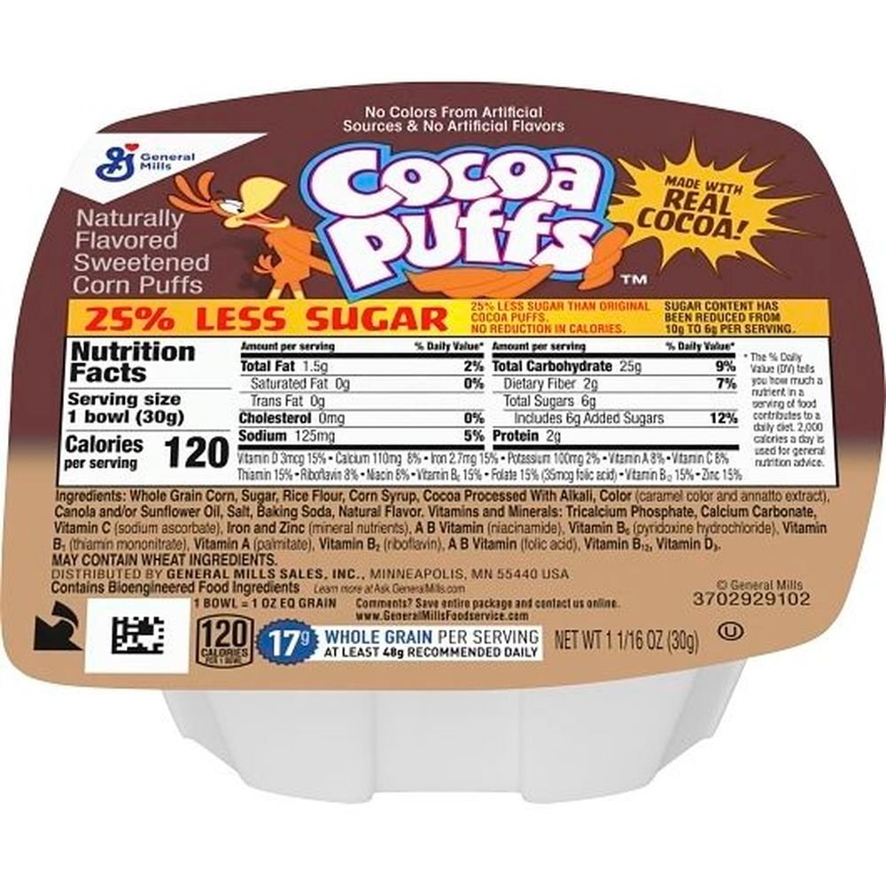 Cocoa Puffs 25 Percent Less Sugar Cereal, 1.06 Ounce -- 96 Per Case