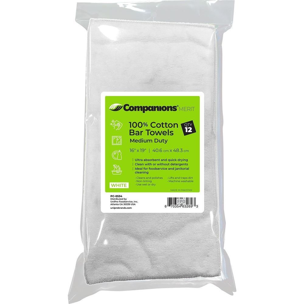 Companions 16 X 19 Inch White Medium Duty Cotton Bar Towel, 12 Count -- 24 Per Case