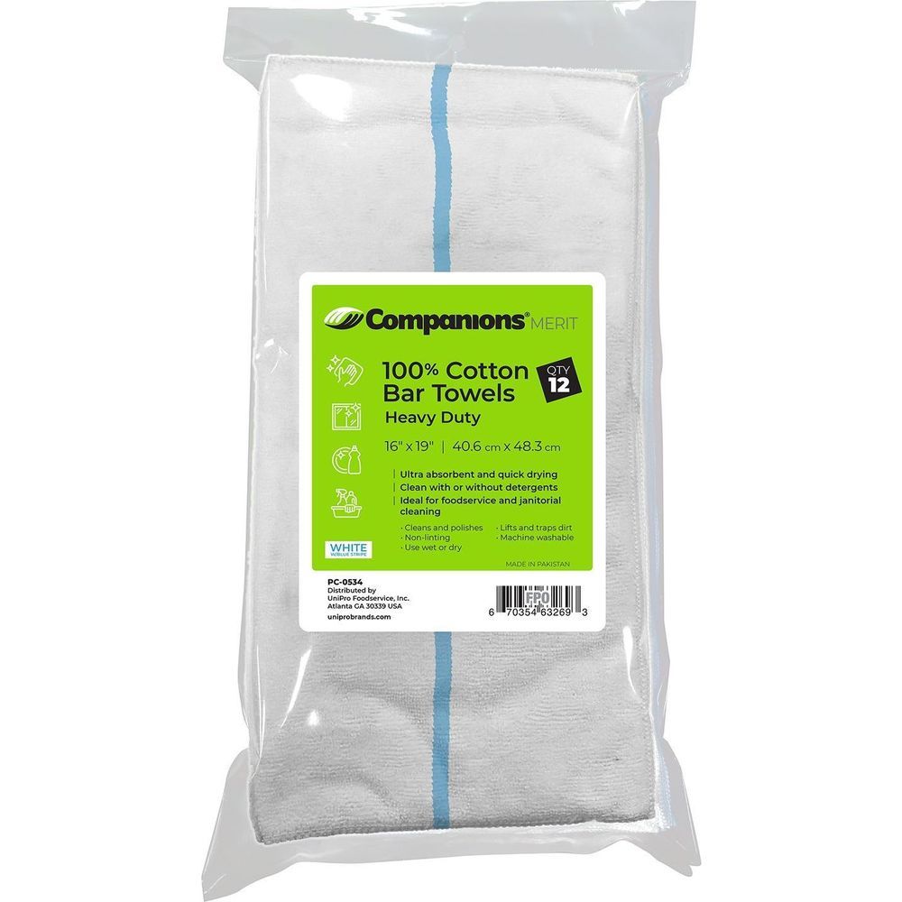 Companions 16 X 19 Inch White With Blue Stripe Heavy Duty Cotton Bar Towel, 12 Count -- 24 Per Case
