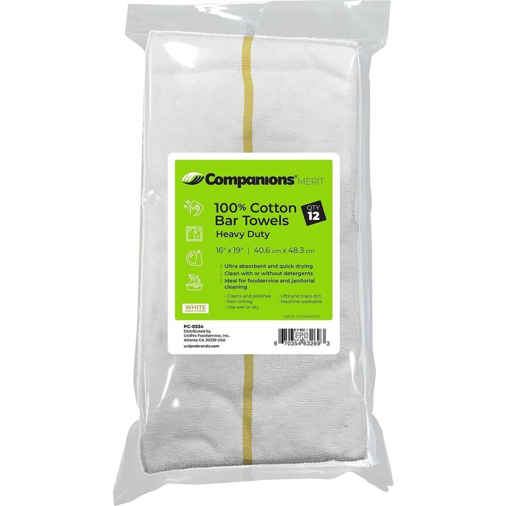 Companions 16 X 19 Inch White With Gold Stripe Heavy Duty Cotton Bar Towel, 12 Count -- 24 Per Case
