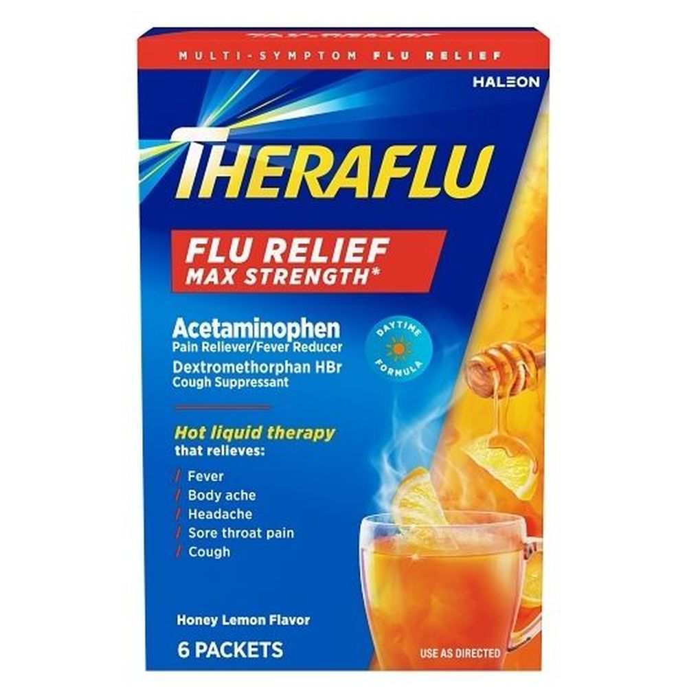 Theraflu Max Strength Honey Lemon Flavor Flu Relief Powder - Packet, 6 Count -- 24 Per Case