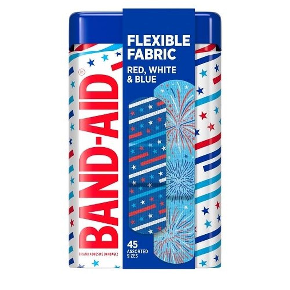Band-aid Red White And Blue Assorted Size Flexible Fabric Stars And Stripes Adhesive Bandages - Tin, 45 Count -- 24 Per Case