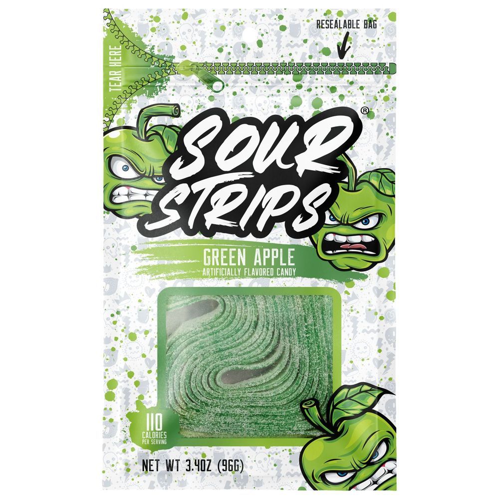 Sour Strips Green Apple Candy - Peg Bag, 3.4 Ounce -- 50 Per Case