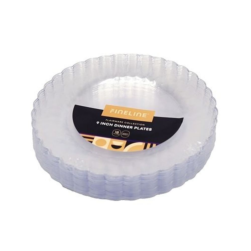 Fineline Settings Flairware Polystyrene 9 Inch Clear Round Scalloped-edge Dinner Plate, 180 Count