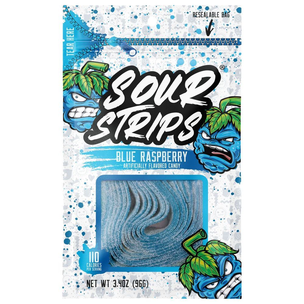 Sour Strips Blue Raspberry Flavored Candy - Peg Bag, 3.4 Ounce -- 144 Per Case