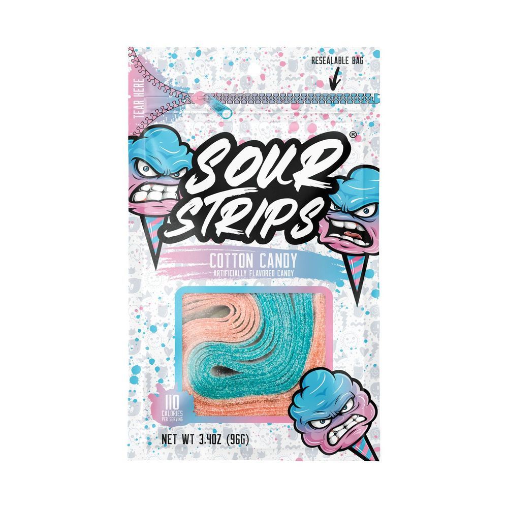 Sour Strips Cotton Candy - Peg Bag, 3.4 Ounce -- 50 Per Case