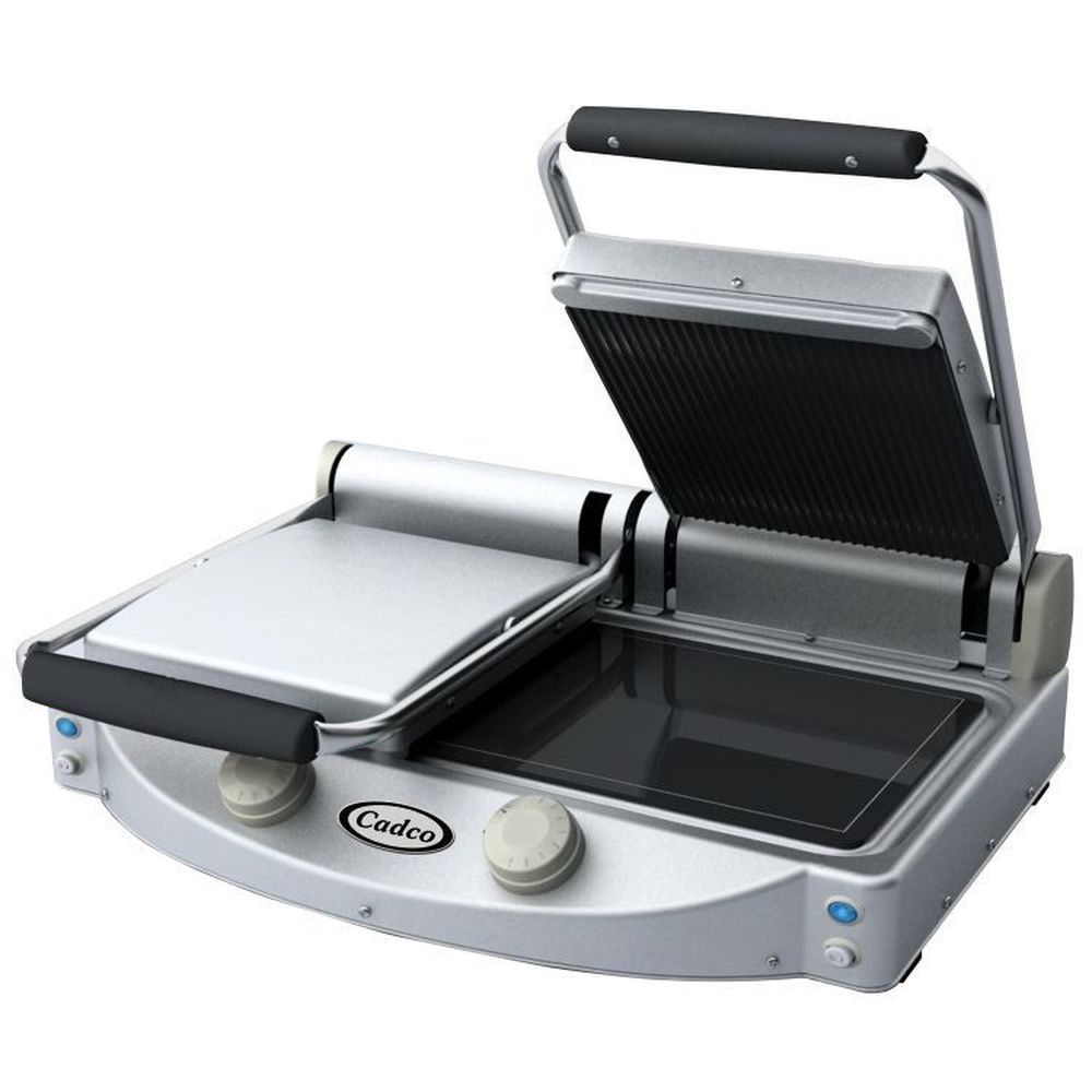 Cadco Stainless 208-240 Volt Double Panini Grill With Glass Ceramic Grilling Surface, 24 1/3 X 7 X 18 Inch
