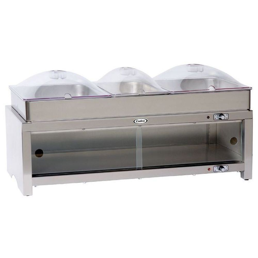 Cadco Stainless 120 Volt Warming Cabinet With Buffet Server And Clear Lids, 28 X 14 X 15 1/4 Inch