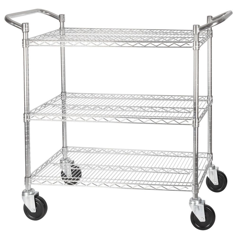Winco Chrome Plated Double Handle 3 Tier Wire Shelving Cart With Brake, 18 X 36 X 42 Inch