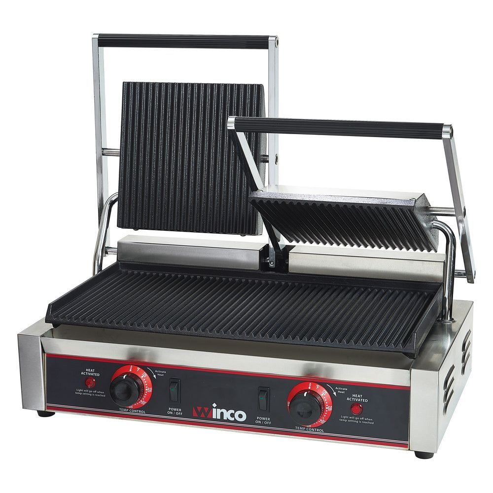 Winco Stainless Steel 1750w Ribbed Plate Double Panini Grill Set, 22-1/2 X 12 X 8 Inch