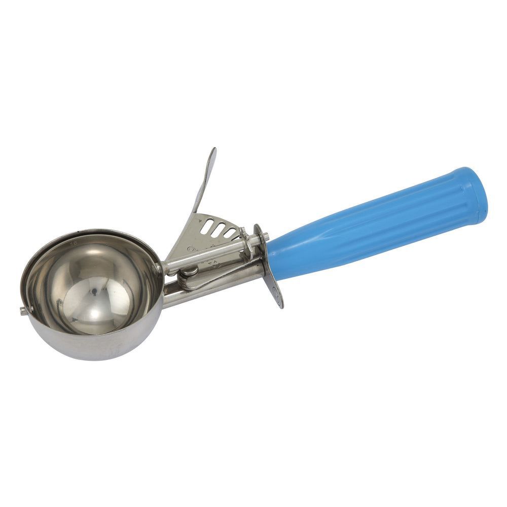 Winco 18/8 Stainless Steel Size 16 Thumb Press Disher With Blue Plastic Handle, 2-3/4 Ounce Capacity